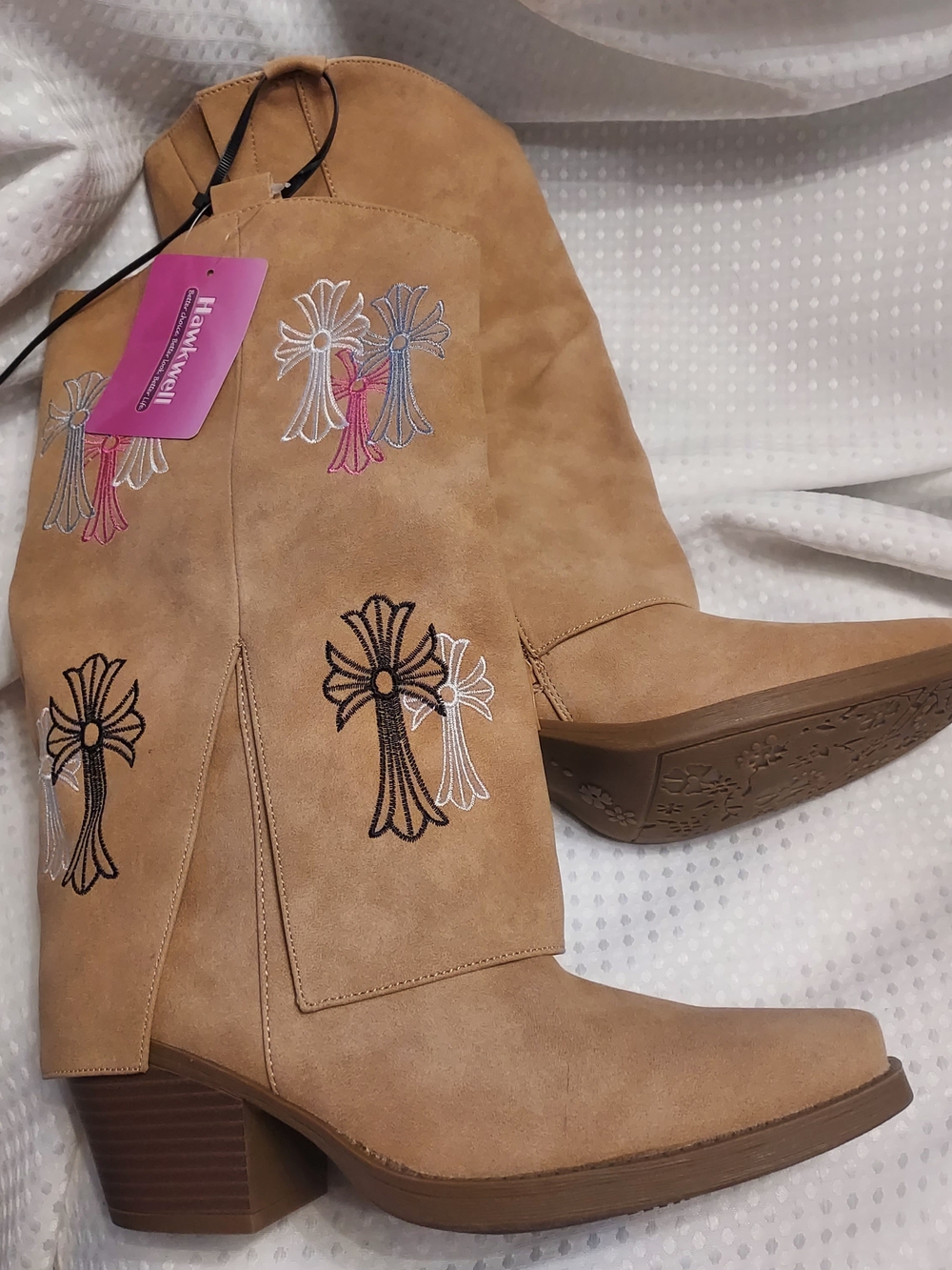 Hawkwell Tan Suede Embroidered Mid-Calf Heeled Boots 7